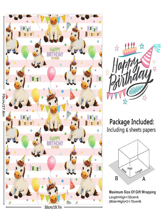 Geluode Horse Birthday Wrapping Paper, Safari Jungle Party Baby White Horse With Birthday Hat and Balloon Wrapping Paper - 6 Sheets Folded Flat 20x28Inches Gift Wrap for Girls Boys Kids Birthday Holiday - Image 2
